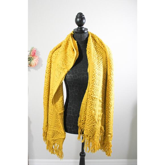 New Mustard Crochet Fringed Scarf- Can Double As A Throw Blanket / Beach Wrap - Picture 2 of 2